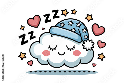 A cute cartoon cloud wearing a blue sleep cap with white stars is sleeping peacefully surrounded by hearts and stars