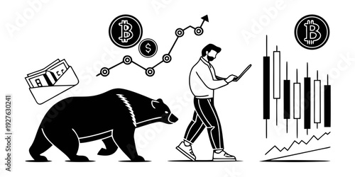 A man playing a game of chance with a bear and various symbols. Vector