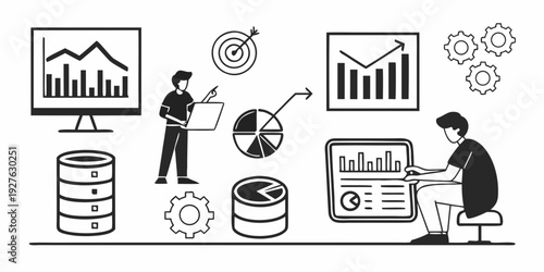 Business professionals analyzing data and using technology for decision making. Vector