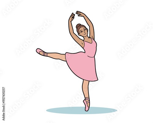 A ballerina in a pink dress is dancing in a graceful pose with one leg extended