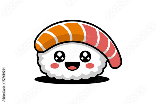 A cute cartoon sushi roll with a smiling face and colorful toppings on a white background
