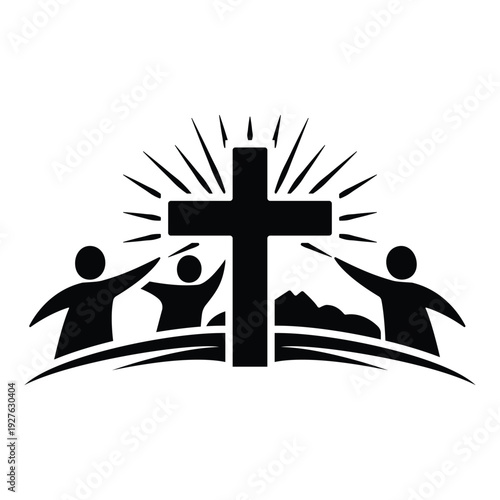 Silhouette of People Raising Arms in Worship Around a Cross with Rays and Mountains christianity faith