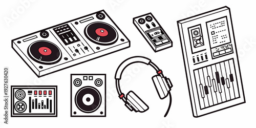 A person using various electronic devices including a tablet, smartphone, and headphones Vector