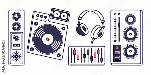 A collection of vintage audio equipment and musical instruments Vector