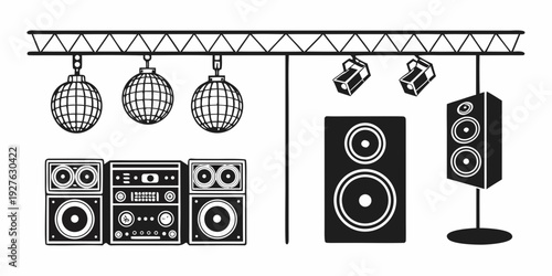 A detailed illustration of a sound system with speakers, amplifiers, and lighting equipment. Vector