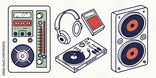 A collection of vintage audio equipment and records on a wooden table Vector