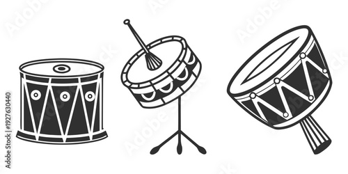 Three different types of drums and a drum stand in black and white Vector