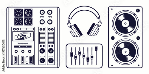 A collection of vintage audio equipment and instruments on display Vector