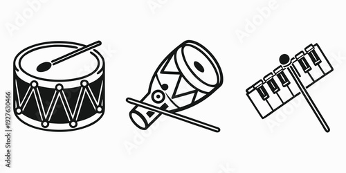 A collection of musical instruments including a drum, a cymbal, and a tambourine. Vector