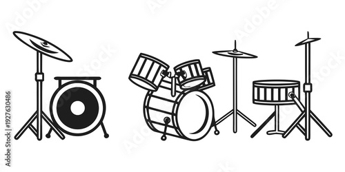 Three different types of drum sets displayed in a row. Vector