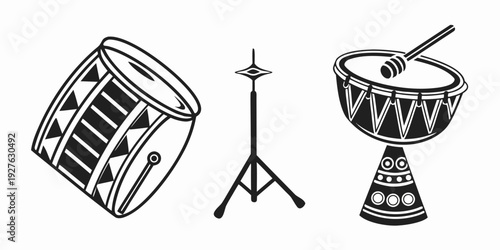 A collection of musical instruments including a drum, microphone stand, and hand drum. Vector