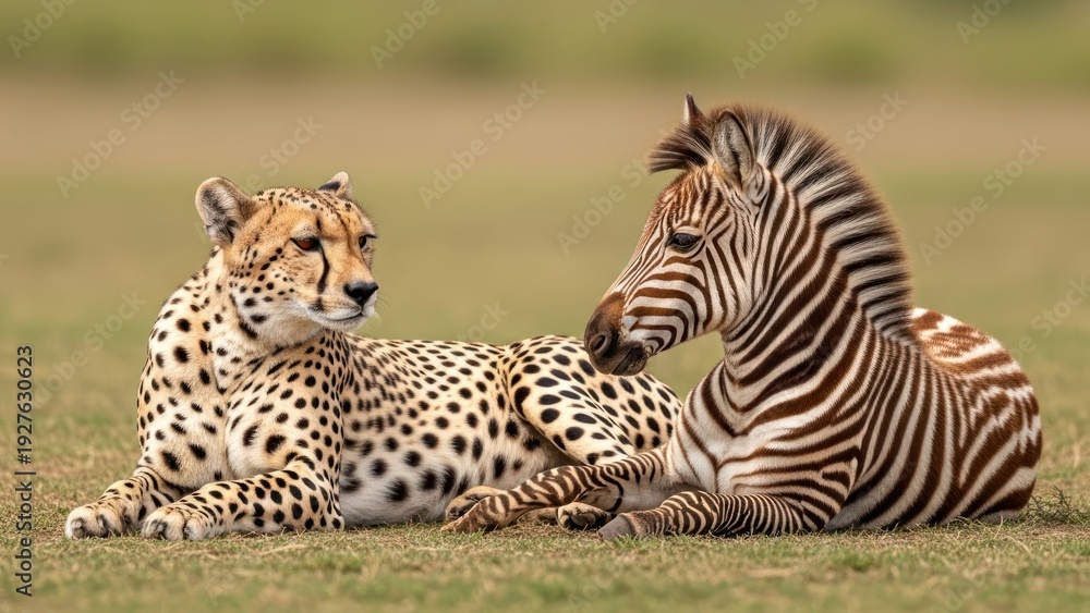 Obraz premium Cheetah and Zebra Resting Together in Savannah.