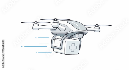 Medical drone delivering emergency aid package with first aid cross symbol, innovative healthcare delivery concept
