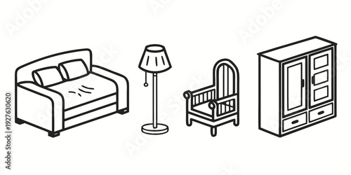 A cozy living room with a sofa, lamp, chair, and bookshelf Vector