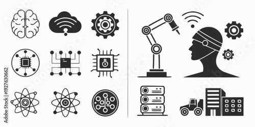 Diverse icons representing various aspects of technology and science Vector