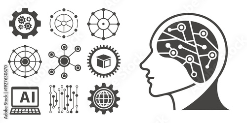 Artistic depiction of a human head with various symbols and icons Vector