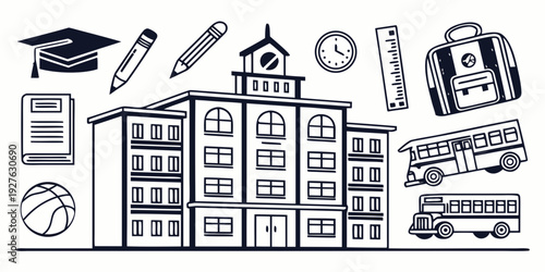 A diverse array of educational tools and subjects depicted in a colorful and engaging illustration Vector