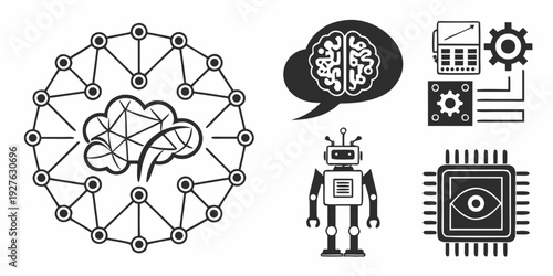 Illustration of interconnected concepts in artificial intelligence and robotics Vector