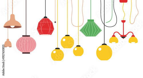 A colorful collection of hanging lamps and light fixtures in various shapes