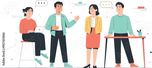 Business team discussion and collaboration concept, diverse office coworkers talking sharing ideas in modern workplace flat vector illustration