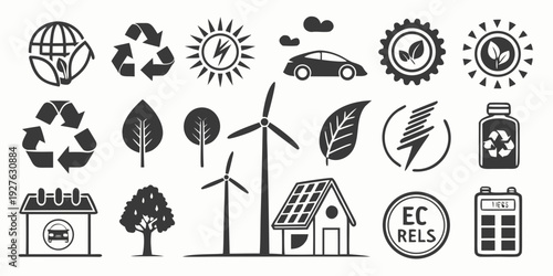 A collection of diverse icons representing various environmental and sustainability concepts. Vector