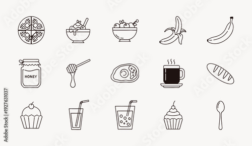 Line art icons depicting various breakfast foods and ingredients