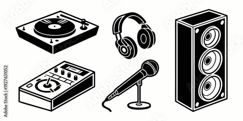 A collection of vintage audio equipment including a record player, speakers, and headphones. Vector
