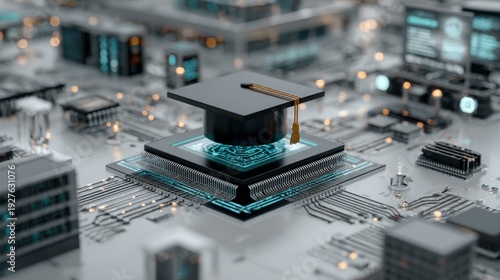 On a digital tablet, a graduation cap and diploma appear with cybersecurity shield icons, representing a Master of Science in cybersecurity and digital security know‑how