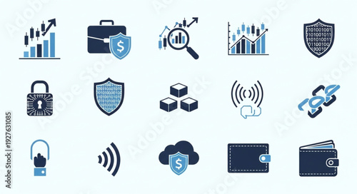 Collection of security and financial icons representing digital protection and investment.