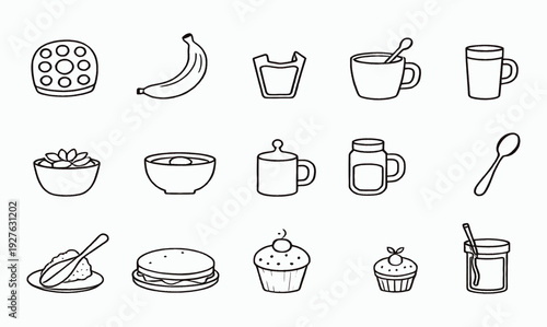 Collection of simple line drawing icons representing food and drink items