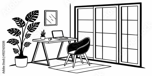 A cozy home office with a desk, chair, and a large window overlooking a garden Vector