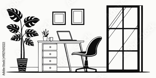 A modern office space with a desk, chair, and large window Vector