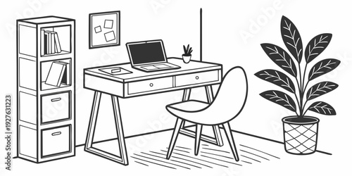 A cozy home office setup with a desk, chair, and potted plant. Vector