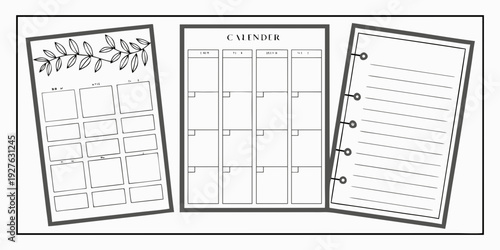 Three blank weekly planner pages with various sections for organizing tasks and events. Vector