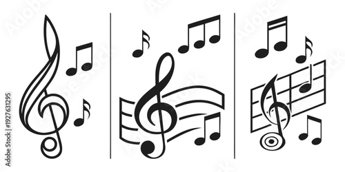 Three musical notes on a white background with musical symbols Vector
