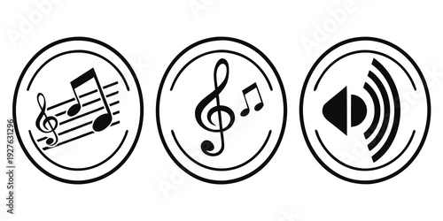 Three circular icons representing music notes, a sound wave, and a musical instrument Vector