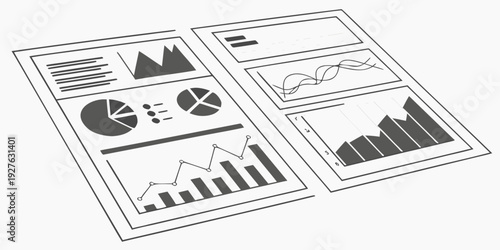 A detailed view of various business charts and graphs on open documents Vector
