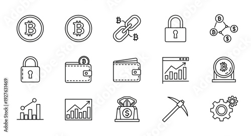 Cryptocurrency and Blockchain Technology Icons Representing Digital Finance.