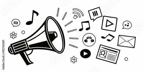 A megaphone surrounded by various social media and communication icons. Vector