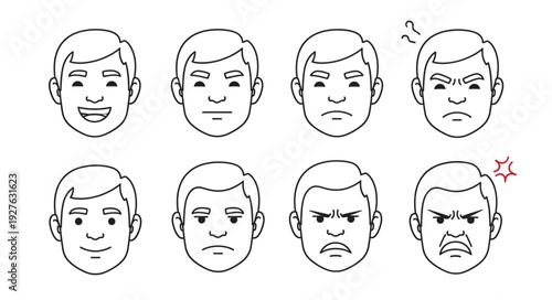 Facial expressions of a man showing different emotions in line art style.