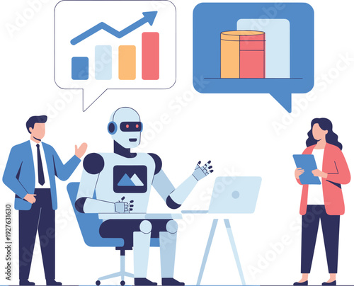 Business teamwork illustration with human robot collaboration, AI data analysis, workplace diversity, innovation, communication, professional meeting, digital technology