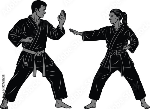 Martial arts silhouette, karate gi, ponytail fighter, black belt, strong stance, punching pose, stable base, combat training, discipline, fitness, flavector