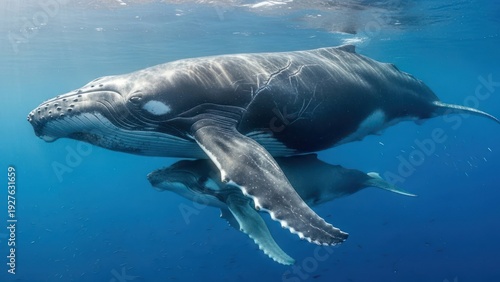 Sperm Whales Swimming in Deep Blue Ocean.