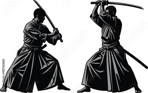 Martial arts duel, Japanese swords, katana combat, hakama attire, keikogi uniform, defensive stance, offensive strike, discipline, tradition, technique, flavector