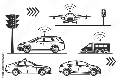 Illustration of various vehicles and traffic management systems on a city street. Vector