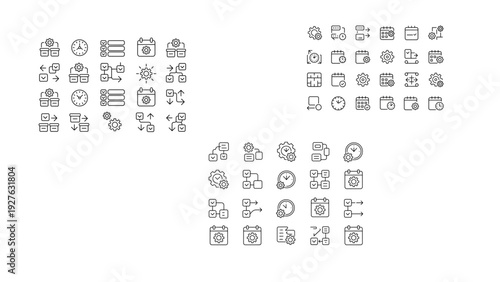 Vintage-style icons depicting various tools, objects, and symbols in a grid layout isolated on transparent background