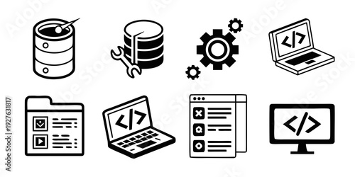 Icons representing various aspects of software development and database management Vector