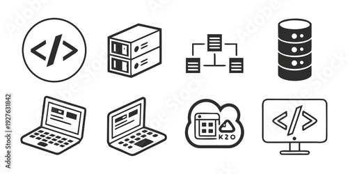 A collection of icons representing various aspects of software development and technology Vector