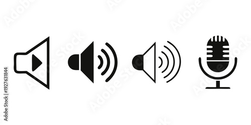 Four different types of audio icons displayed in a row. Vector