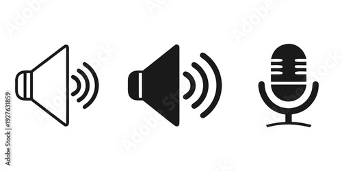 Three distinct icons representing sound and audio equipment in a row. Vector